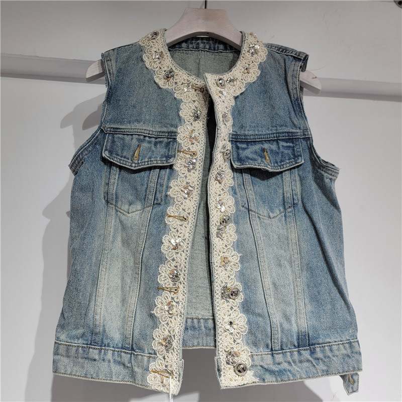 Hong Kong primavera nueva ropa de mujer retro encaje empalme de diamante cuello redondo chaqueta corta denim chaleco mujer