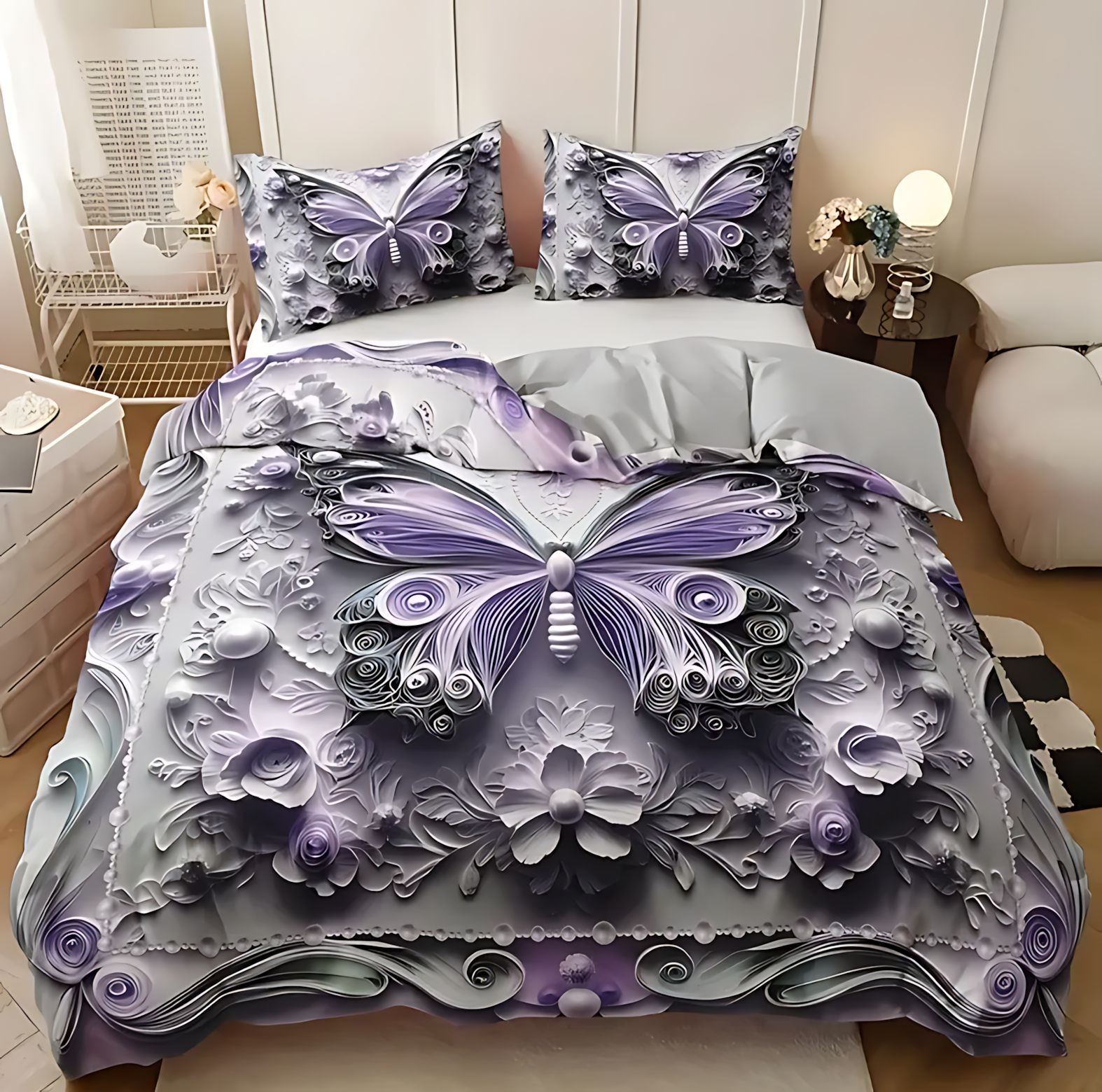 TEMU / JIT transfronterizo textil doméstico estereoscópico mariposa impresión digital 3D lana abrasiva colcha de cama set