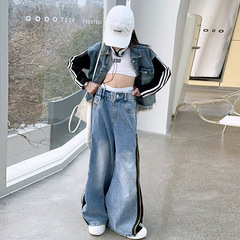 女童套裝2024春秋新款中大童炸街設計感拼接牛仔外套時髦牛仔褲潮