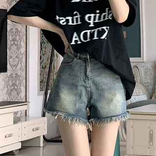 美式复古做旧毛边流苏高腰牛仔短裤女夏季新款修身显瘦遮肉阔腿裤