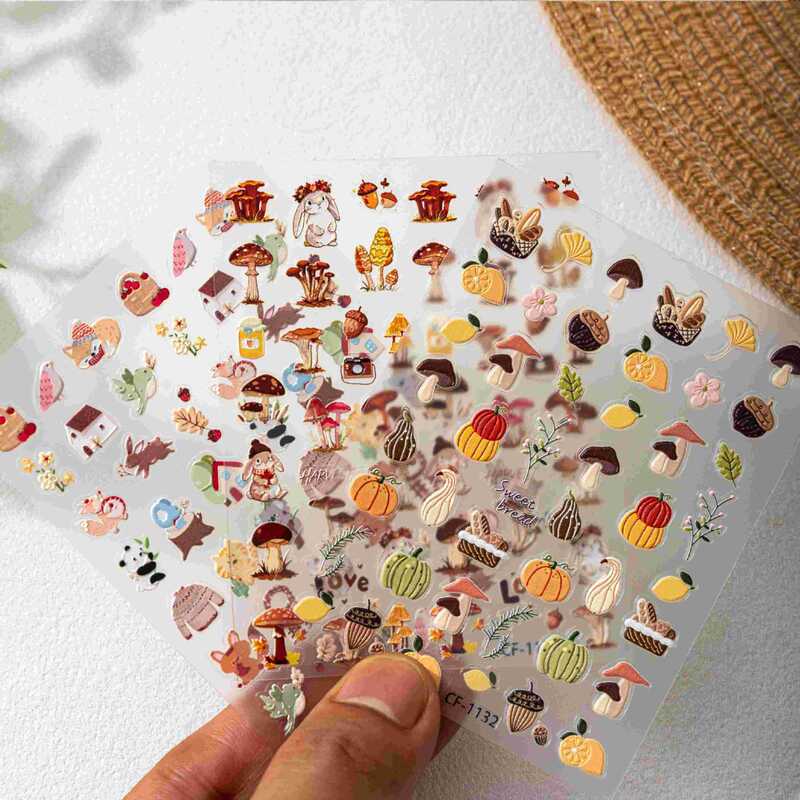 2026 Forest Mushroom Autumn Cute Squirrel Embossed Nail Art Stickers Pastoral Style Autumn Collection Adhesive DIY Nail Stickers