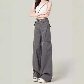 曲线玲珑碧玉端庄21水泥灰美式阔腿工装裤女2024新款复古高腰直筒
