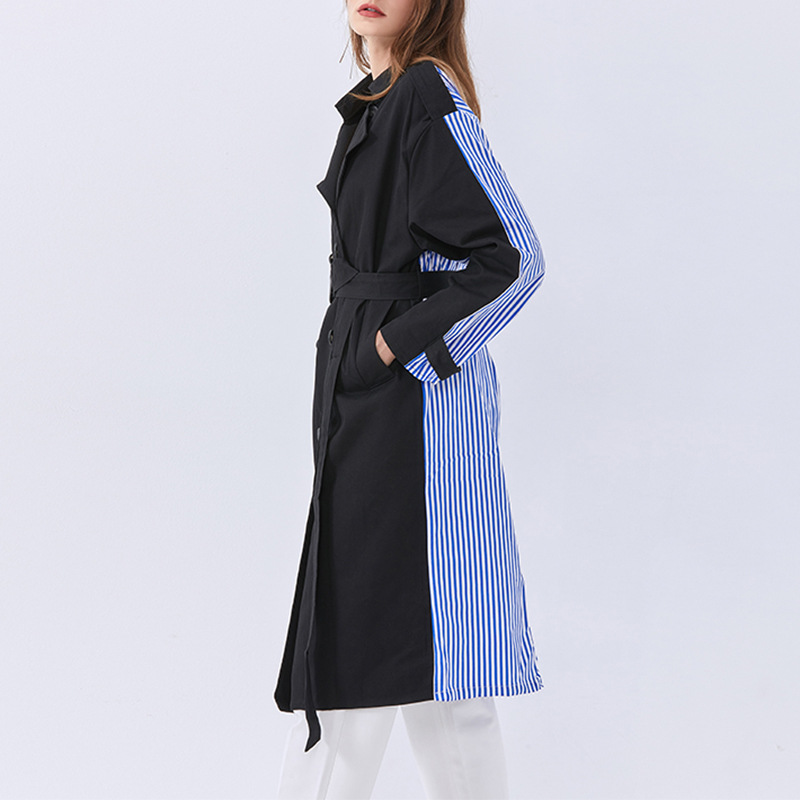 Lapel tie striped trench coat