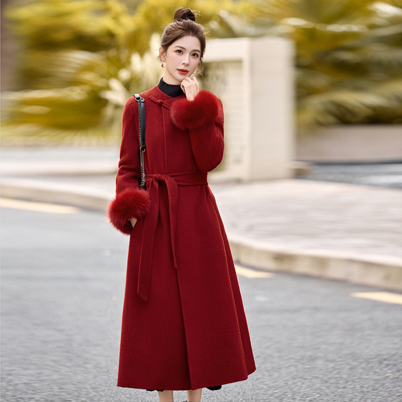 Red Fox Fur Collar Double-Sided Wool Outwear for Women, Extra Long Design, Slim Fit, Chinese Style Woolen Outwear