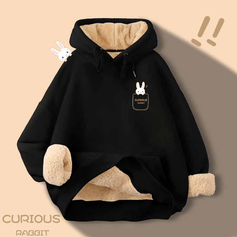 Hooded Cashmere Sweatshirt Black Hooded Sweatshirt Autumn and Winter Fleece-Lined Thickeneded One-Piece Velvet to Heattech 12