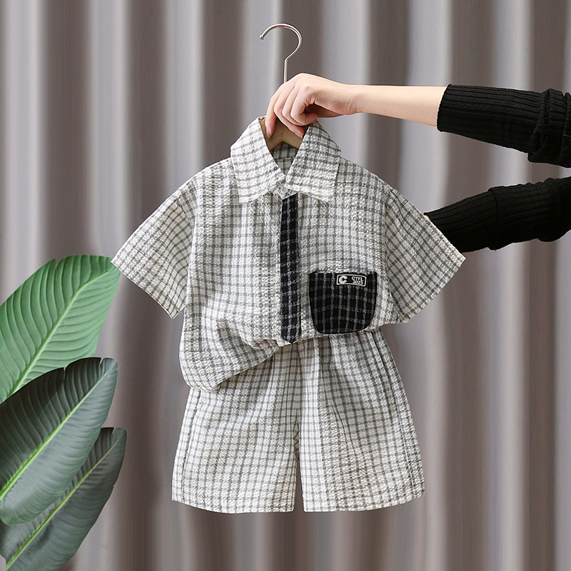 7178 Traje de camisa a cuadros para niños Vestido de verano delgado de manga corta y guapo 2025 Nuevo traje de verano para niños Verano de dos piezas