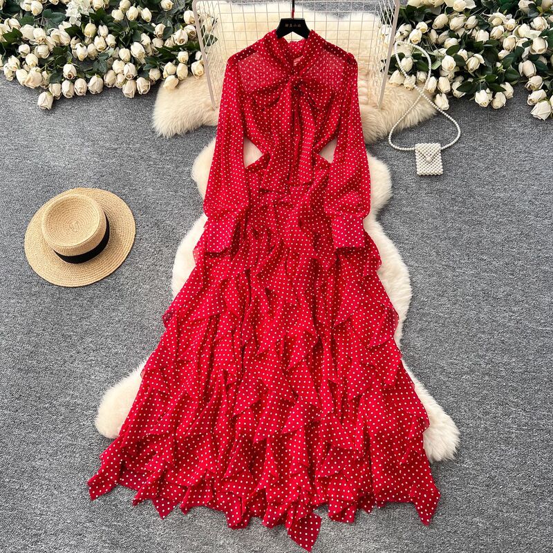 Light Mature Style Niche Bow Tie Long-Sleeved Polka Dot Dress for Women 2025 Autum Asymmetrical Ruffled Long Skirt Light Mature Style Niche Bow Tie Long-Sleeved Polka Dot Dress for Women 2025 Autum Asymmetrical Ruffled Long Skirt