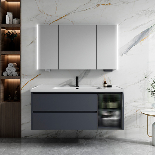Gu Zhi Bathroom Cabinet Washbasin: Integrated Ceramic & Solid Wood Design, Smart Makeup Mirror Cabinet Combo for the Bathroom