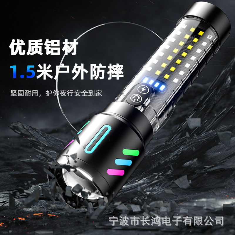 新型白レーザー伸縮ズーム強光懐中電灯家庭用屋外遠射赤青警告側灯led懐中電灯|undefined