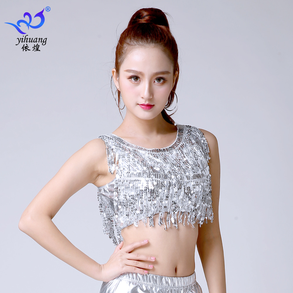 European and American Sequined Tassel Dance Clothes Patent Leather Dance Clothes Dancer Performance Clothes Prom Sexy Tassel Tops Performance Clothes