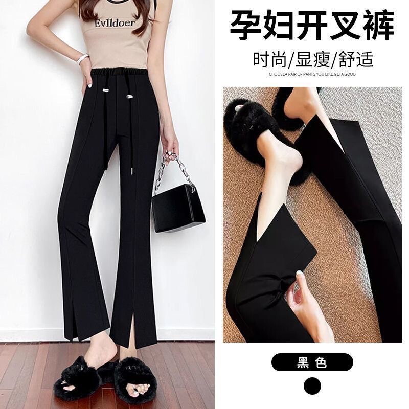 Small Drawstring Non-Abdomen Pregnant Women's Pants Micro-Lassi Pants for Outer Wear Black Office Professional Dress Split Cropped Pants