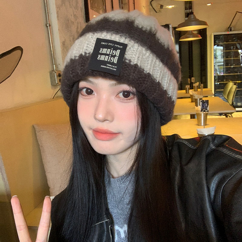 显脸小毛线帽女秋冬季拼色条纹大头围粗针织帽男女同款堆堆帽子潮|undefined