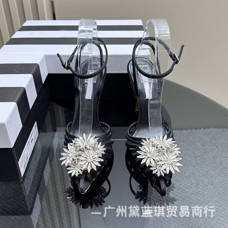 2023夏季真丝条带编织镂空水钻花朵包头中空后扣带欧美高跟凉鞋|undefined