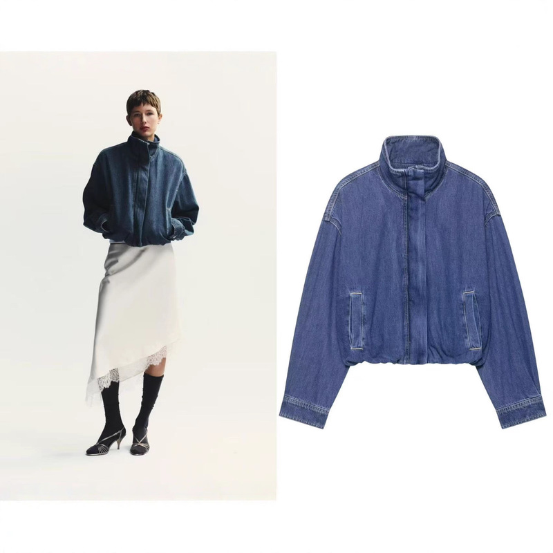 European and American Style 2025 Autum Retro Washed Stand Collar Casual Denim Bomber Jacket 1300070400 European and American Style 2025 Autum Retro Washed Stand Collar Casual Denim Bomber Jacket 1300070400