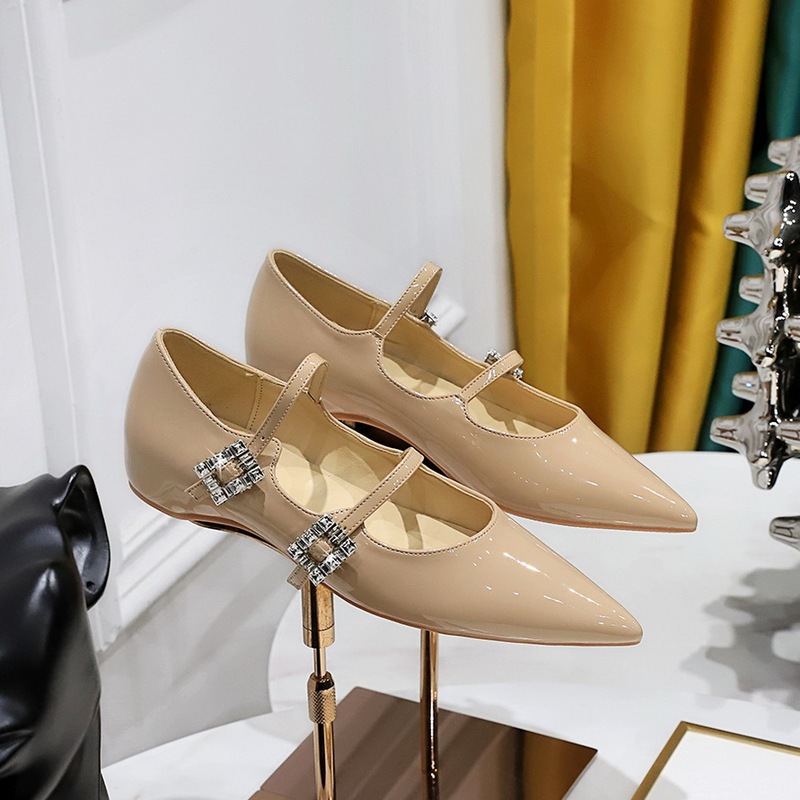 533-3 Korean Pointed Toe Low Heel Women's Shoes Rhinestone with Inner Height Wedge Low Mouth Fashion Patent Leather Single Shoes for Women