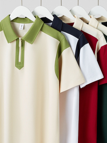 Summer New Half-Zip Colorblock Collar POLO Shirt T-Shirt Streetwear College Style Loose Casual Unisex Short Sleeve