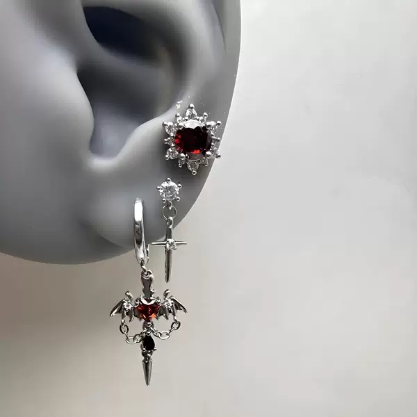 Dark Sweet Cool Style Wing Chain Zircon Earrings Couple Earrings Red Zircon Ear Bone Nails Cross Earrings