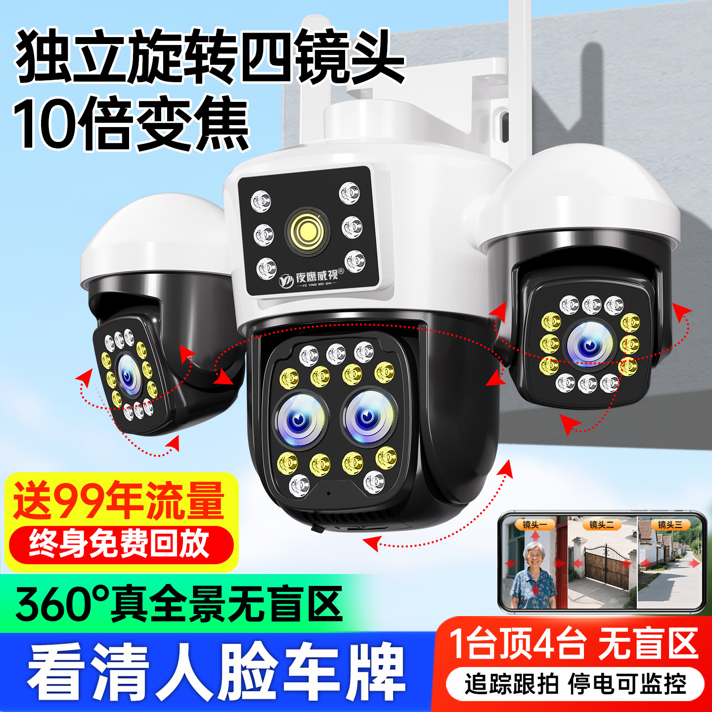 360-Degree No-Dead-Angle Monitor Wireless Home Remote 4g High-Definition Outdoor Zoom Three-Screen Camera