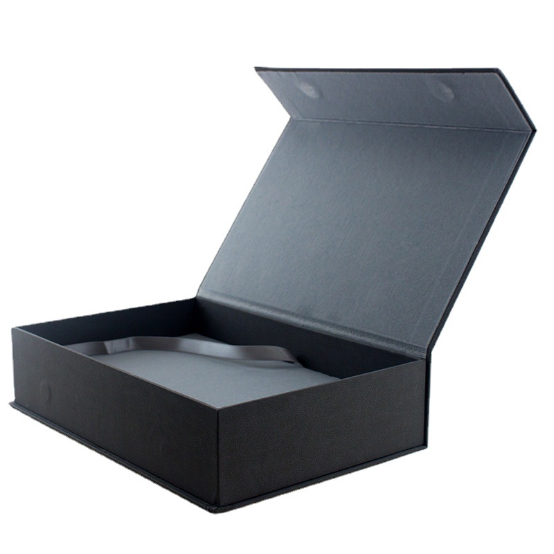 黑色纹路特种纸翻盖礼盒 石英钟手表书型硬纸板盒logo烫银上海