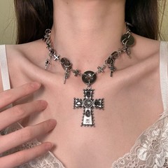 「黑暗契约」辣妹风重工十字架纽扣项链亚文化小众个性哥特锁骨链