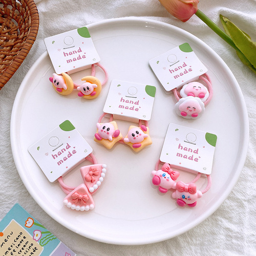 2 pink cute cartoon Kirby hair ties, high elastic hair ropes and rubber bands, versatile hair accessories for students, girls and children
