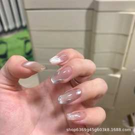 2022新款INS风纯手工穿戴甲光疗美甲贴片 银色猫眼长款假指甲A065
