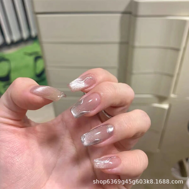 2022 New INS style pure hand-worn nail light therapy nail art patch silver cat's eye long fake nail A065