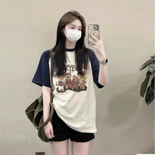 2025夏季撞色插肩袖宽松显瘦t恤女棉 休闲风印花韩系女装半袖上衣