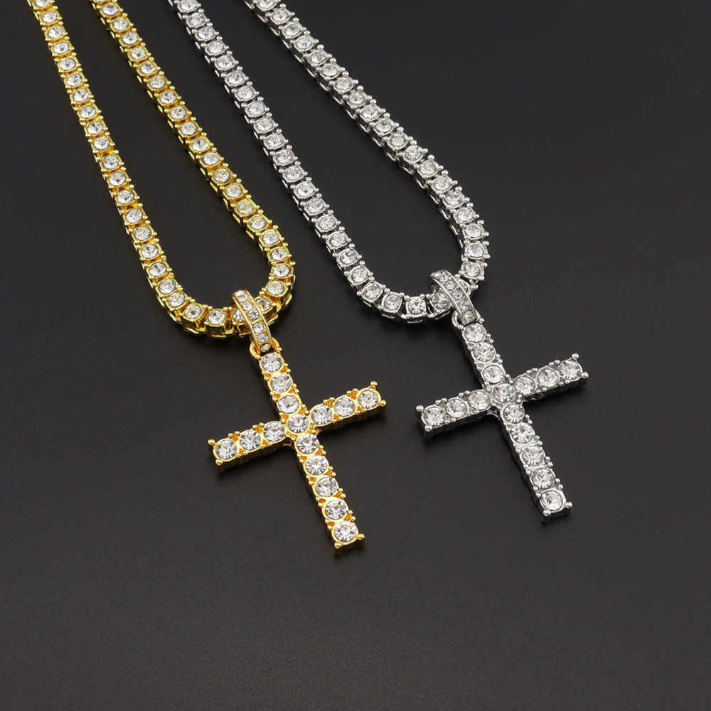 10g Weight Alloy Pendant Material Rhinestones Inlay Material Pendant Necklace Classification Alloy Chain Material Tennis Chain Chain Type Street Occasion Alloy Material Cross Pattern Unisex Gender Retro, Punk Style Ornament Simple  Style Full Diamond Single Row Diamond Tennis Chain Men's And Women's Big Cross Pendant Necklace 6