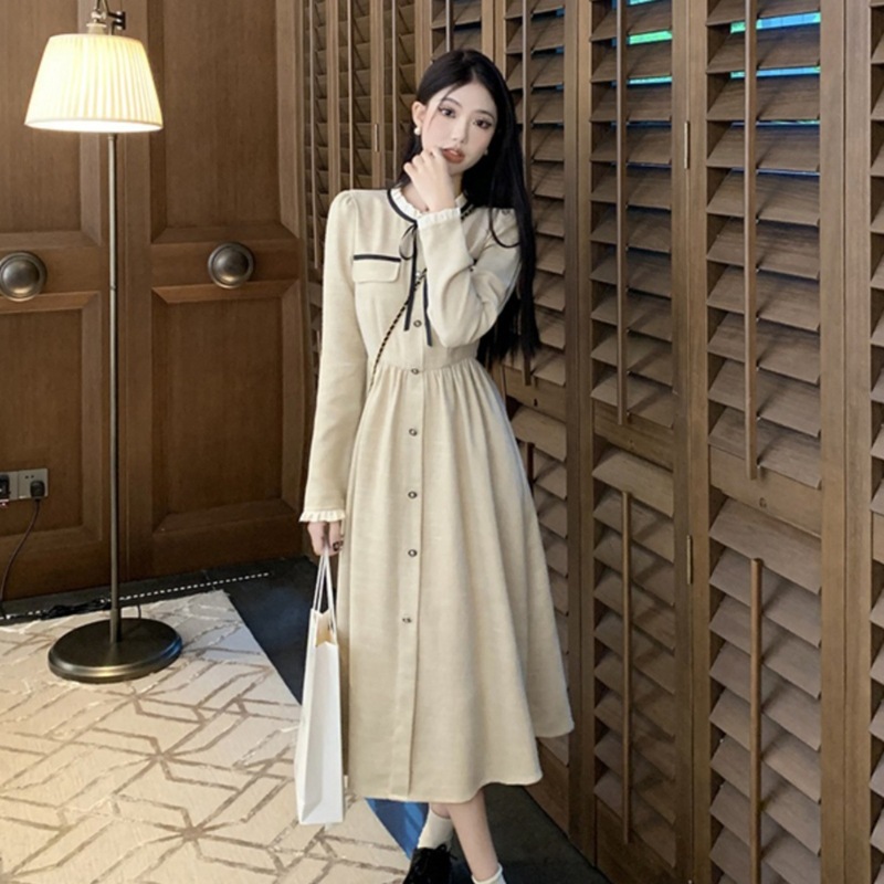 欧美跨境外贸小香风连衣裙女新款气质收腰显瘦中长款系带长袖裙子|undefined