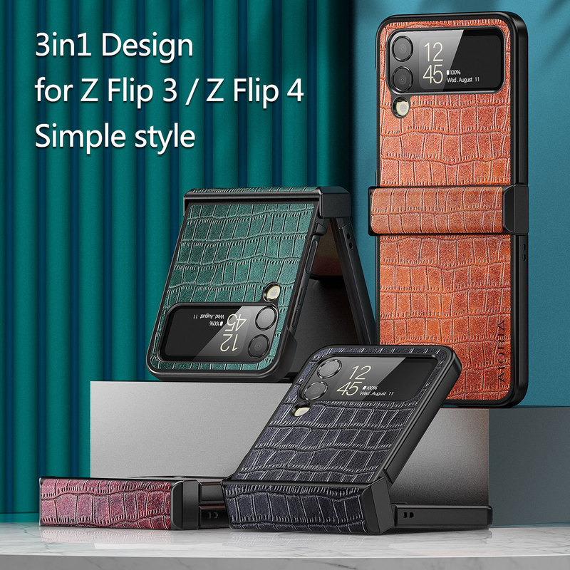 For Samsung Galaxy Z Flip 4 Folding Phone Three-Piece Crocodile Leather Case