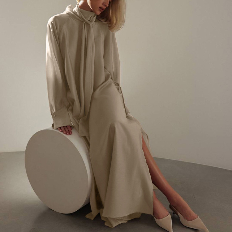 Cross-Border Women's Clothing Design Stand-Up Collar Lace-Up Dress New Long-Sleeved Side Slit Loose Casual Long Skirt Cross-Border Women's Clothing Design Stand-Up Collar Lace-Up Dress New Long-Sleeved Side Slit Loose Casual Long Skirt