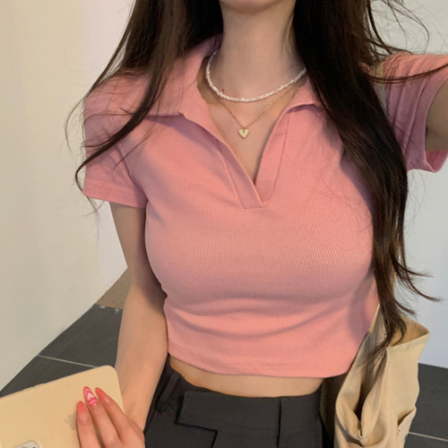 Pure Desire Sweet & Spicy Short Design Student Ribbed Top 2025 Summer Fitted Polo Short-Sleeve T-Shirt for Women Trendy