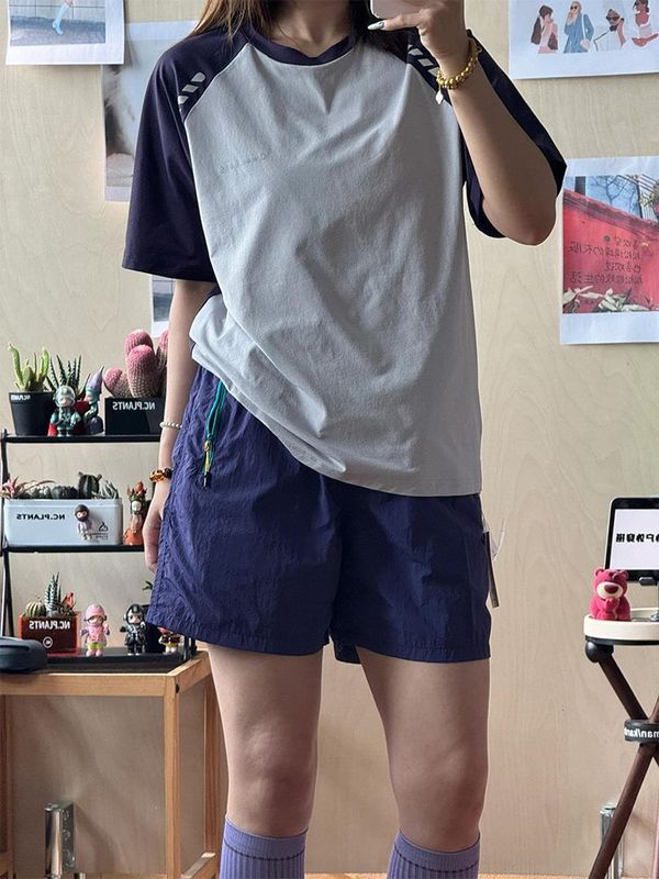 撞色户外速干衣短袖女士小众设计感夏季插肩袖t恤运动羽毛球服|undefined