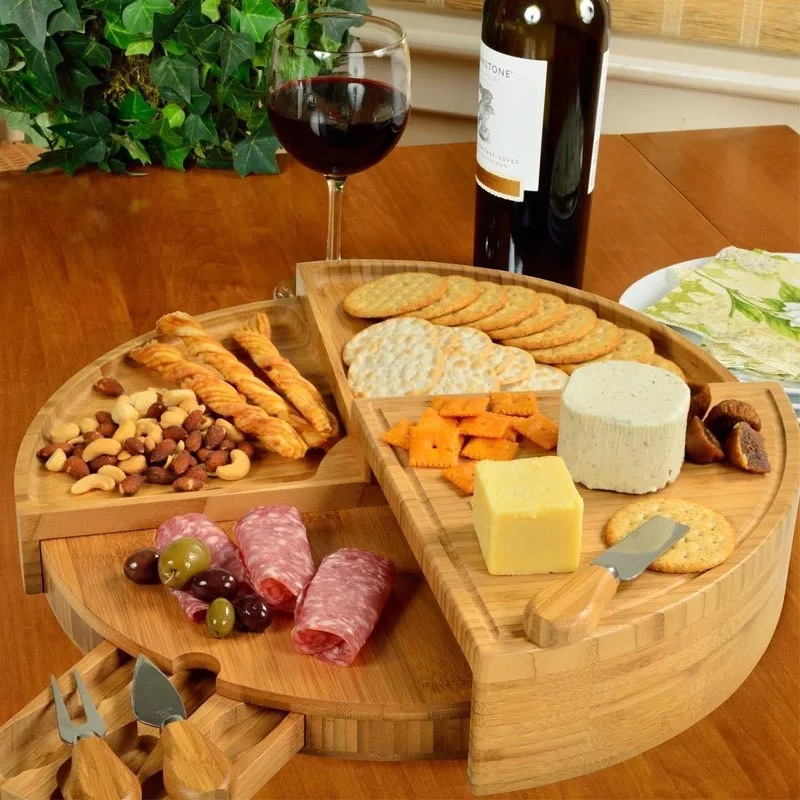 Tablero de cortar de queso de madera giratorio y cerrado Pizza de madera creativa Pan Bandeja de almacenamiento de bocadillos Bandeja de frutas en forma de abanico