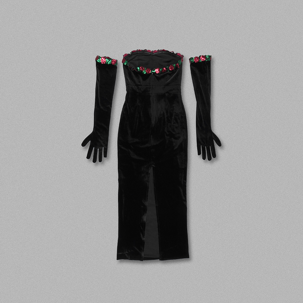 Women's Clothing Beaded Lace Decorated Velvet Skirt Dress Long Skirt with Gloves_voghion.com