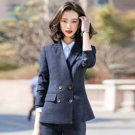 格子西装套装女韩版春秋时尚毛呢小西服外套正装工作服职业套装女