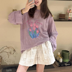 韩系chic别致超好看独特漂亮防晒上衣高级感紫色印花针织t恤女夏