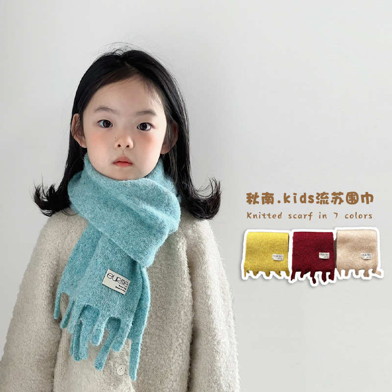 Qiunan Children's Scarf Winter Korean Style Fashionable Fabric Label Tassel Scarf for Boys and Girls, Warm Solid Color Versatile Neck Warmer