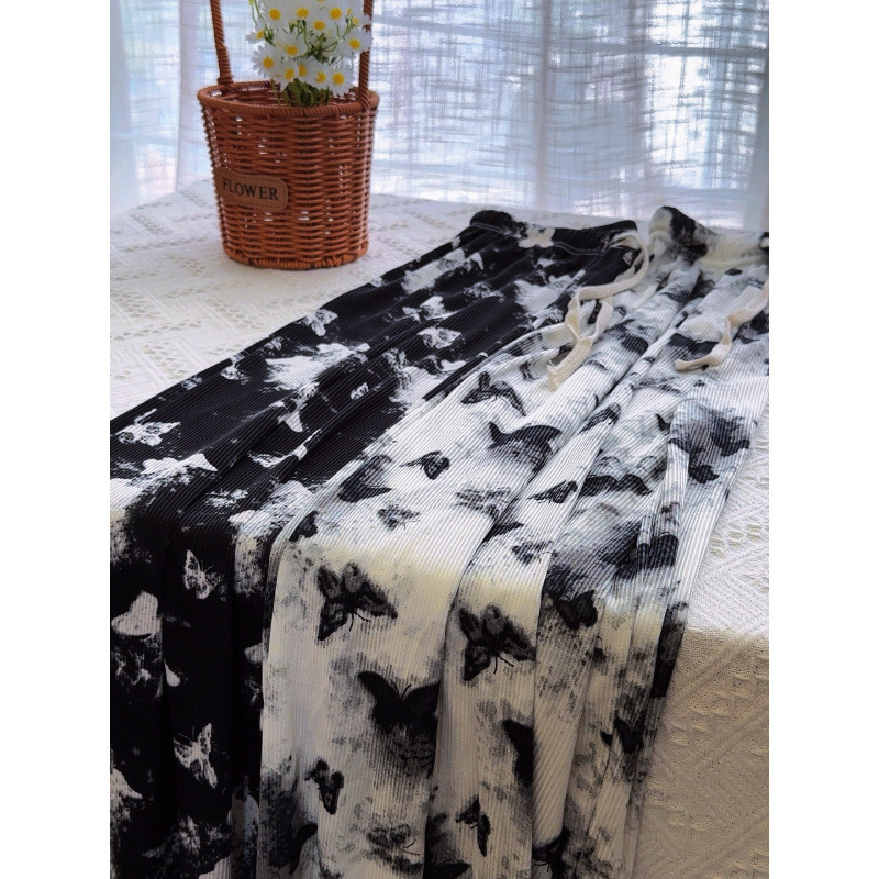 Ink-Style New Chinese-Style Wide-Leg Pants for Women, Summer Thin High-Waisted Butterfly Casual Straight-Leg Tie-Dye National Style Ice Silk Cool Pants