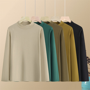 Mother's Half-turtleneck plus size Elastic Base Shirt Women's 2024 New Middle-aged and Elderly Autumn Long-sleeved Solid Color Inner Shirt