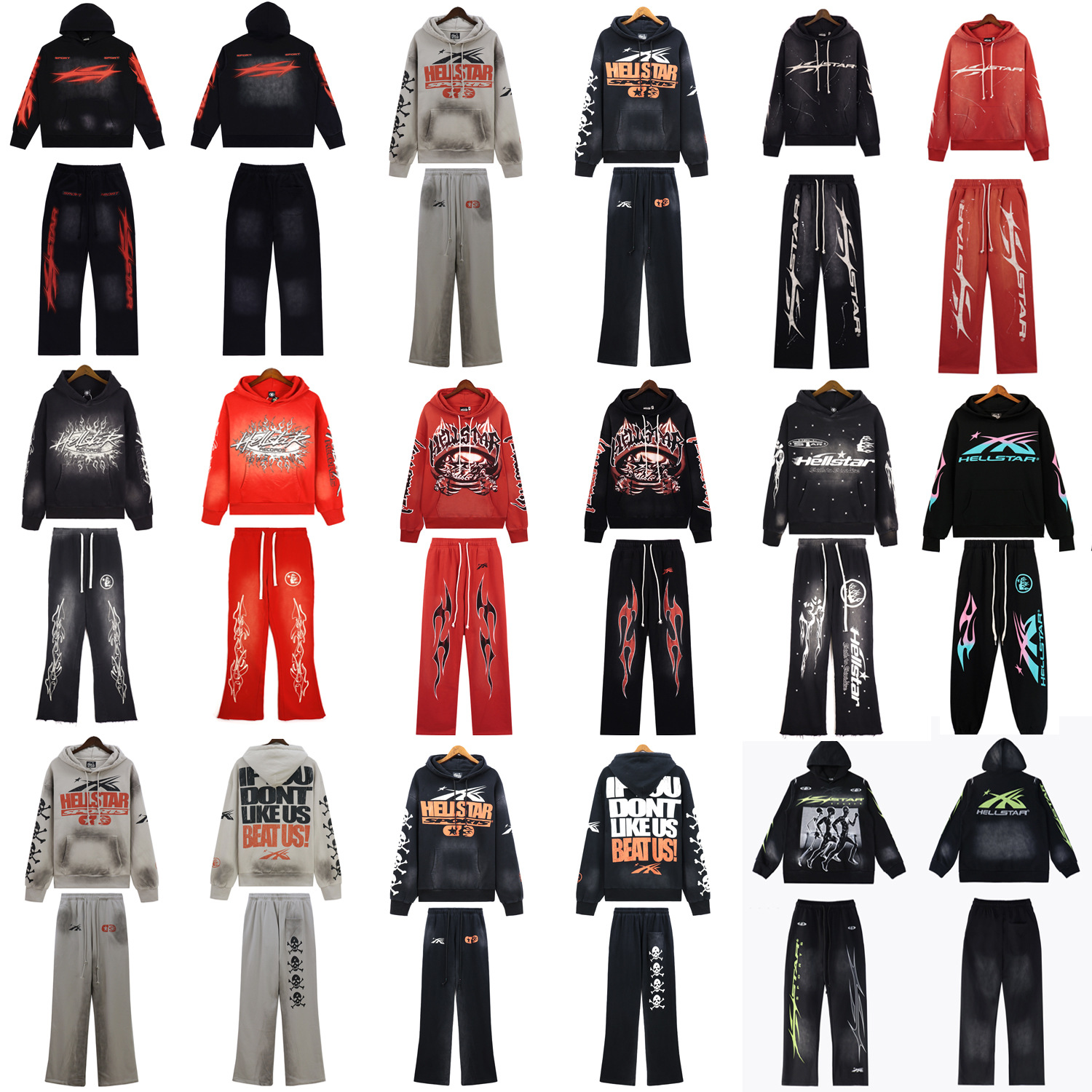 地狱之星外贸跨境批发Hellstar美式复古连帽衫卫衣卫裤长裤套装