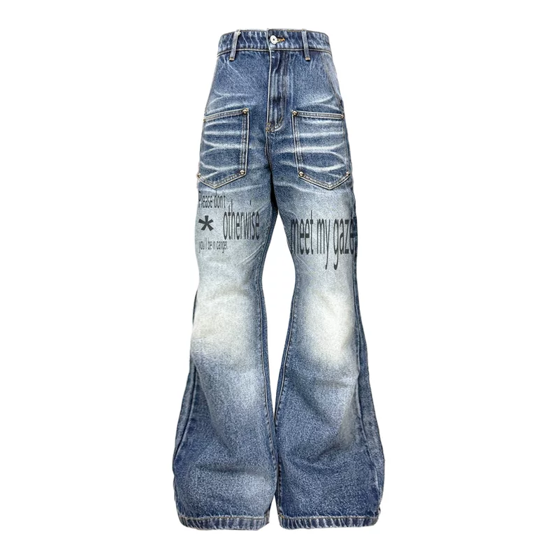 DETW 25AW* оригинальный ретро нишевой слоган вы washed blue cow cat whiskers micro-flared rivets all-match jeans for men and women