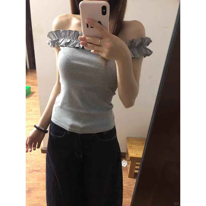 Fashion Sexy Sexy Gray One-Shoulder Short-Sleeved T-Shirt for Women Summer New Off-Shoulder Slim Slim Short Top