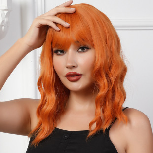 Cross-border e-commerce European and American fashion wig female Orange straight bangs wave wig whole head cover new hot sale