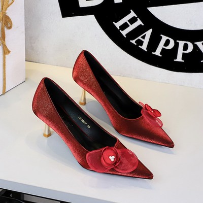 9527-H186 French Style Wedding Dress High Heels Women’s Lace Flower Fine Heels Fashion Show and Bridesmaid Women’s Shoes