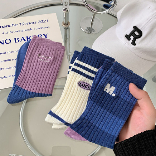 Double needle embroidery - purple series socks women's mid-calf socks spring and summer striped color matching long tube cotton socks ins fashion hot-selling 