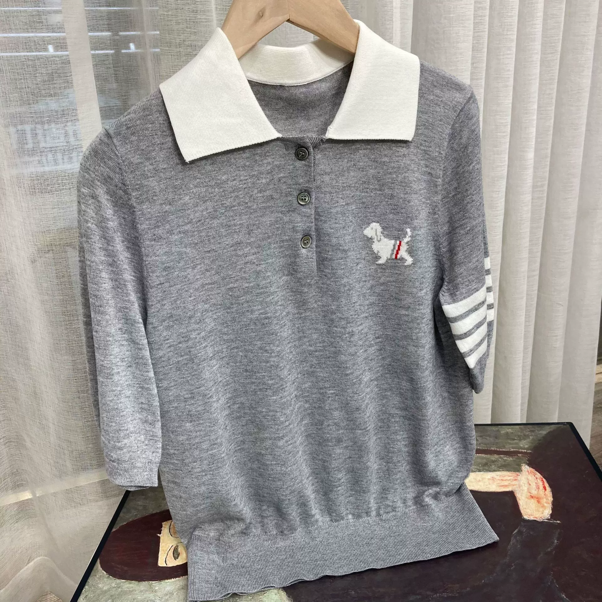 TB2025夏季新款莱赛尔羊毛针织衫女小狗提花POLO领短袖T恤薄上衣