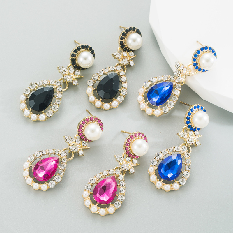 Fashion Water Droplets Alloy Inlay Rhinestone Pearl Drop Earrings display picture 2