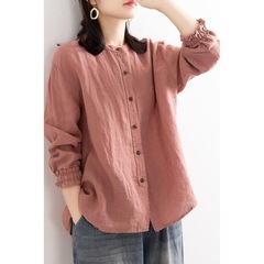 春春秋棉麻衬衫女宽松圆领大码休闲收口袖上衣女灯笼袖五分衬衣女
